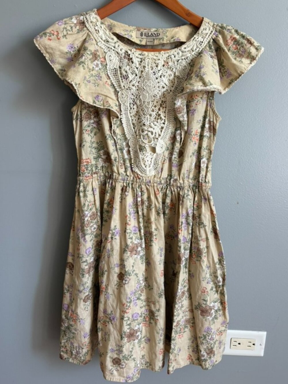 E.Land American Classic Tan Floral Crochet Lace Bib A-Line Mini Dress Size XS/S
